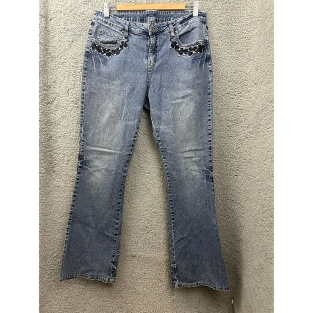 Monroe & Main Womens Blue Mid-Rise Studded Bootcut Denim Jeans